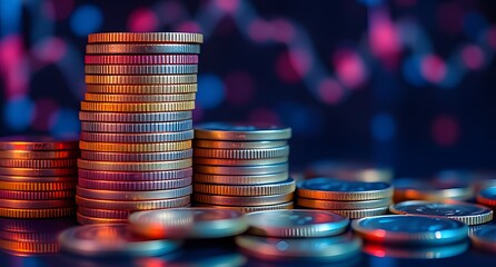 "Stack of Cryptocurrency Coins with Futuristic Lighting | Digital Currency & Blockchain Concept"