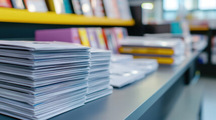 stack of magazines and brochures on shelf in modern bookstore, showcasing variety of colorful covers and organized displays
