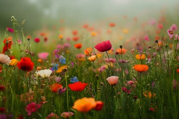 A vibrant field of various flowers, including poppies, in different colors, surrounded by a misty atmosphere. Concept Vibrant Flower Field, Colorful Poppies, Misty Atmosphere, Nature Photography