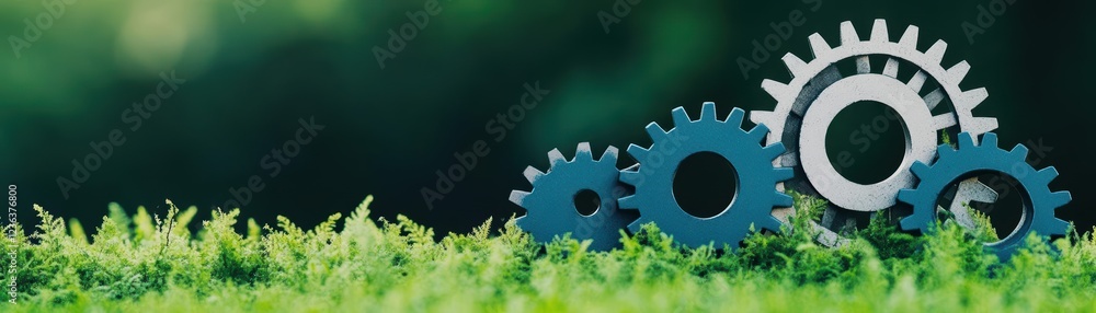 Aufkleber two interlocking gears resting on a lush green grass surface symbolizing collaboration innovation an