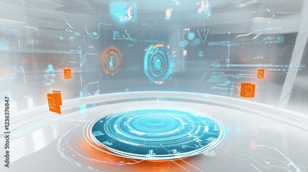 Poster futuristic technology interface display with digital information and holographic elements