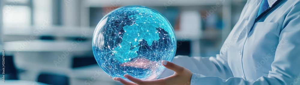Poster doctor holding glass sphere with intricate network of connected lines symbolizing modern medicine te