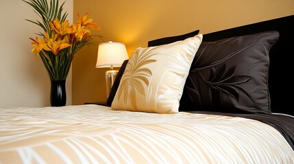 Elegant bedroom setting with a cream and black bedding, and orange lilies in a vase.
