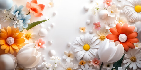 A colorful arrangement of pastel spring flowers is displayed from above against a light background creating an inviting and cheerful atmosphere