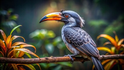 Obraz premium Grey Hornbill Perched in Dim Light