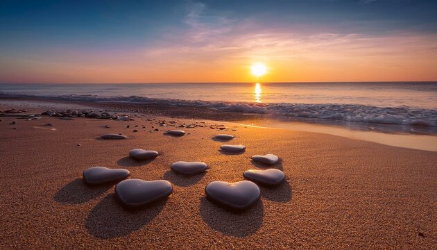 heart shaped rocks on a sandy beach at sunrise
