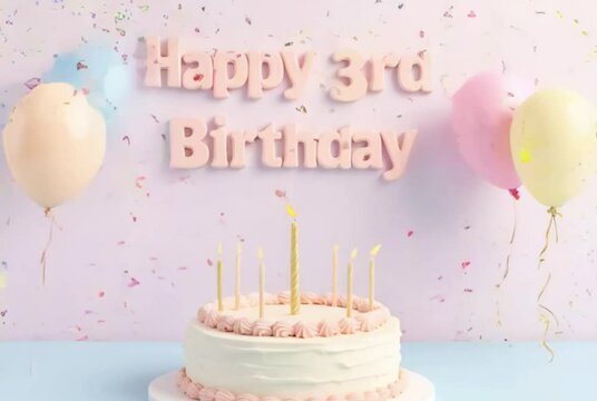 Happy 3rd Birthday Celebration with Pastel Theme, Balloons, Confetti, and Cake

