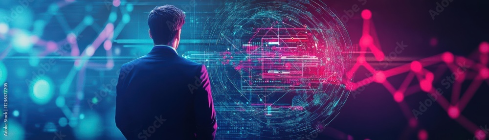 Poster Businessman in Tailored Suit Engaged with Futuristic Digital Interface Displaying Data Insights in a Modern Office Environment Exuding Professionalism