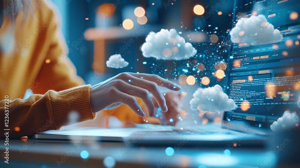 Poster data center and social media concept. digital cloud computing concept with laptop interface