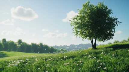 Fototapeta premium A green grassy meadow with a tree and a blue sky with clouds