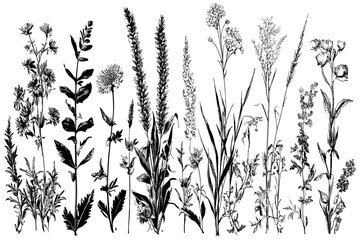 Black and white vector showcasing flowers, cereals, and plants from fields and forests, summertime botanical illustration