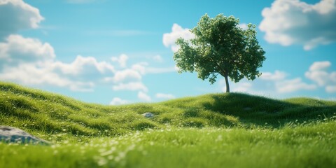 Obraz premium A green grassy meadow with a tree and a blue sky with clouds