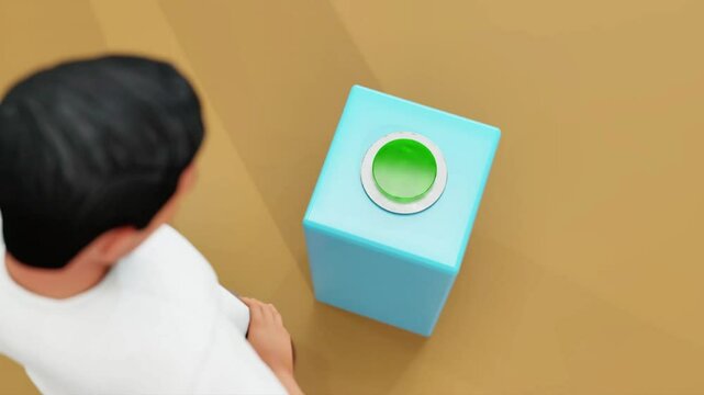 3D animated character pressing a green button. Ideal for start, activation, approval, or go-ahead concepts. High-quality motion, perfect for technology, business, and interactive design content