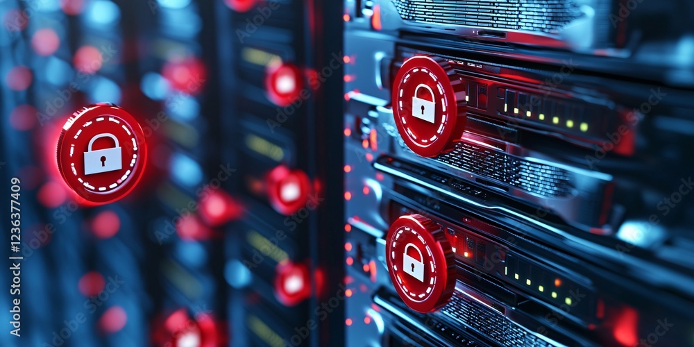 Poster data center and social media concept. secure server environment with digital lock icons
