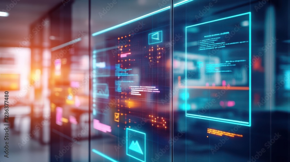 Poster Vibrant Wall Display Featuring Diverse Data Visualizations and Graphs Creating an Engaging and Informative Atmosphere in a Modern Office Space