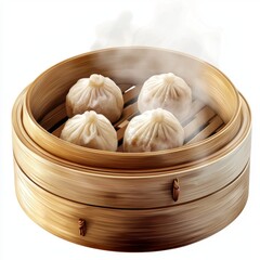 Steamed Dumplings in Bamboo Steamer with Aromatic Steam and Soft Texture, Traditional Asian Cuisine Dish