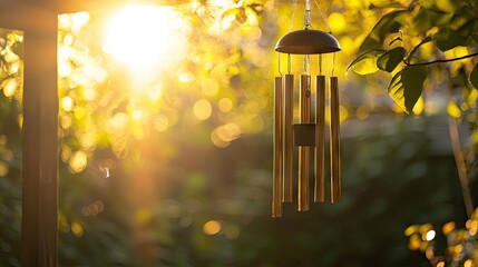 A wind chime softly moving, catching the golden light of morning.