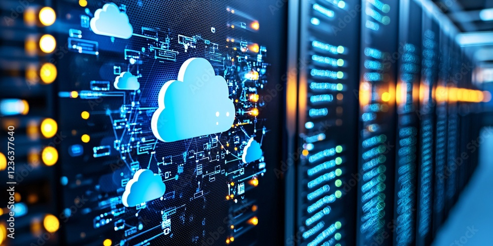 Poster data center and social media concept. cloud computing concept with data storage technology