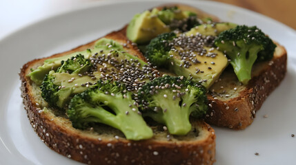 Broccoli and avocado toast with a sprinkle of chia seeds.