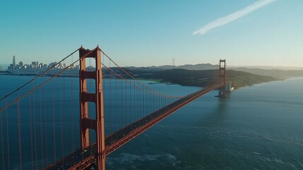 Golden Gate Bridge in San Francisco, California at mid day afternoon with blue sky and city skyline in the background