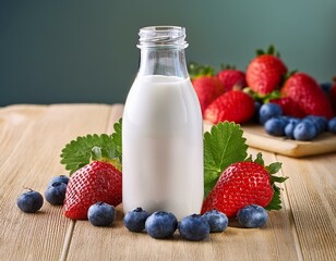 there is a glass bottle of milk with strawberries and blueberries
