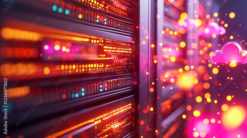 Poster data center and social media concept. abstract data center technology with colorful lights