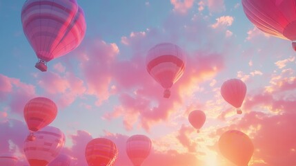 Fototapeta premium Colorful hot air balloons soaring into the pastel hues of a sunset sky during a lively festival scene