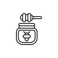 Honey jar with spoon linear icon. Symbol dipper honey. Outline vector illustration.  Isolated on white background.
