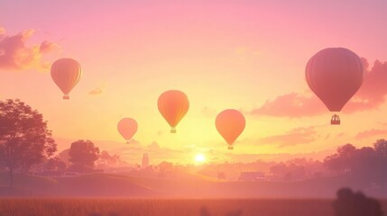 Fototapeta premium Vibrant hot air balloons floating across a serene pastel sunset sky during a lively festival celebration