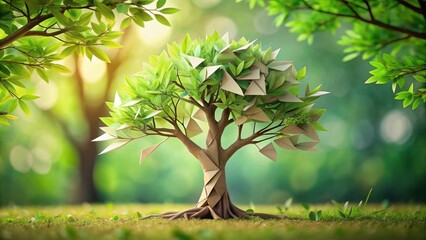 Fototapeta premium A delicate origami paper tree takes root and begins to grow into a lush green real tree with intricate branches and leaves in a serene natural setting, botanical, origami