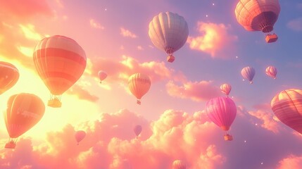 Fototapeta premium A festival filled with colorful hot air balloons soaring into a serene pastel sunset sky, creating a dreamy visual