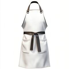 Elegant White Apron with Brown Straps and Pockets for Kitchen and Culinary Use