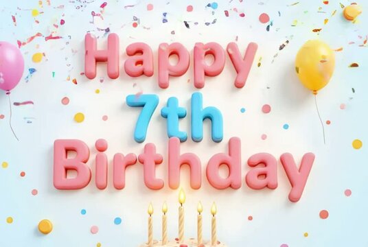 Happy 7th Birthday Celebration with Pastel Theme, Balloons, Confetti, and Cake


