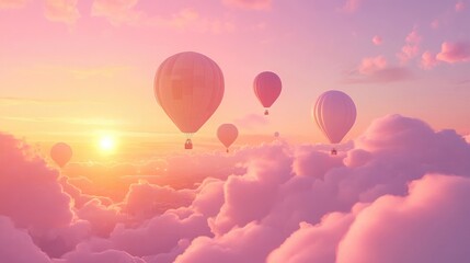 Obraz premium A magical hot air balloon festival with vibrant balloons decorating the soft pastel hues of a glowing sunset sky