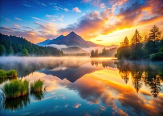 Fototapeta premium Serene sunrise paints misty mountains reflected in calm lake waters.