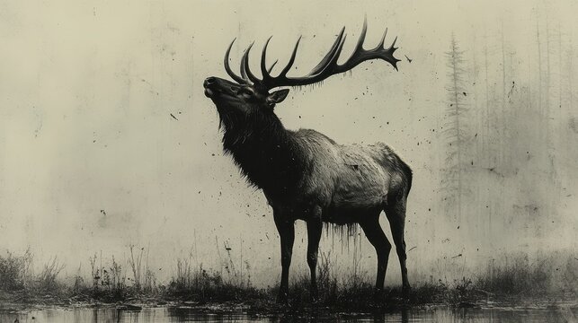 Majestic elk bugling in misty forest, wildlife poster