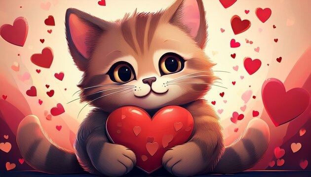 cartoon cat hugging a heart with hearts flying around it