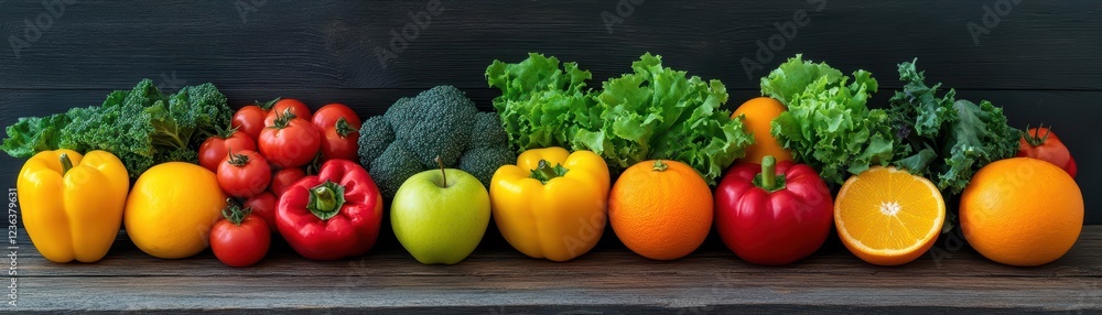 Poster A Colorful Assortment of Fresh Vegetables Displayed on a Rustic Wooden Table Creating a Vibrant and Inviting Culinary Atmosphere in Natural Light