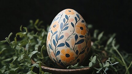 A hand-painted Easter egg in a soft floral pattern placed on a vintage plate surrounded by greenery.