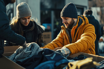 Volunteers sorting out clothes in donation center