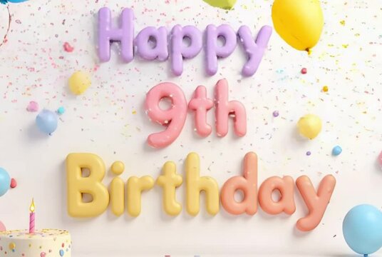 Happy 9th Birthday Celebration with Pastel Theme, Balloons, Confetti, and Cake

