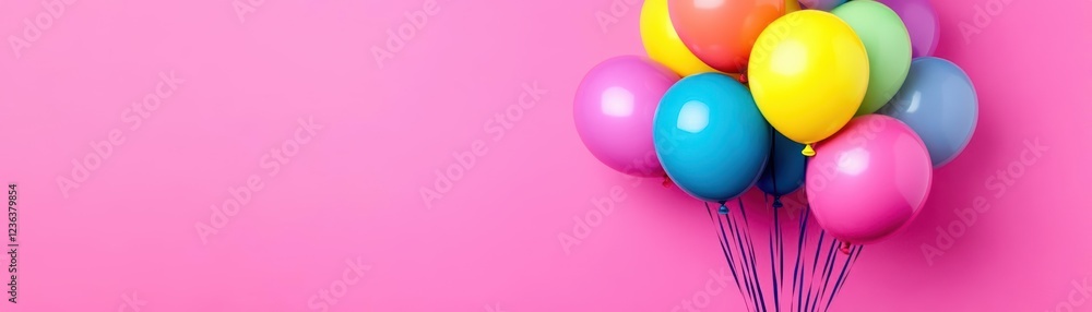 Poster vibrant colorful balloons floating gracefully against a soft pink background creating a playful and 