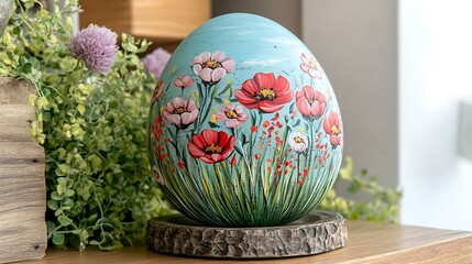 A hand-painted Easter egg in a soft floral pattern placed on a vintage plate surrounded by greenery.