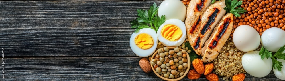 Poster a colorful array of nutritious foods featuring eggs beans nuts and other wholesome ingredients perfe