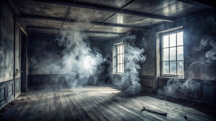 Abandoned room with smoke on dark floor, smoke, decay,  smoke, decay, decayed, empty, eerie ambiance , dark