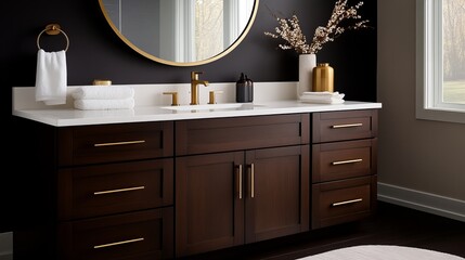 Modern dark wood bathroom vanity with gold accents. Sleek design and neutral color palette.