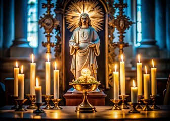 Fototapeta premium Holy Altar: Monstrance, Candles, and Jesus Statue - Religious Stock Photo