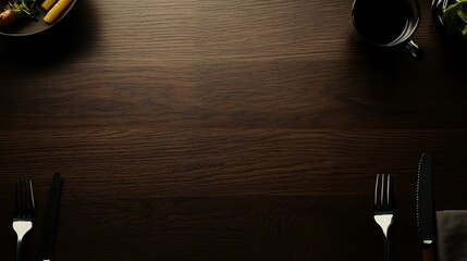 Dark wooden table with plates, cutlery and black cup ready for a meal