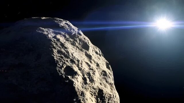 A massive asteroid floats through space, illuminated by a distant star, showcasing its rugged texture against a dark, cosmic background