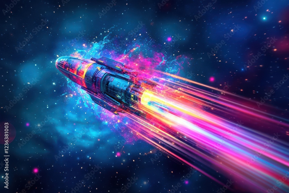 Poster Vibrant Spaceship Soars Through the Infinite Cosmos Illuminated by Colorful Lights Creating a Captivating Scene of Interstellar Adventure and Wonder